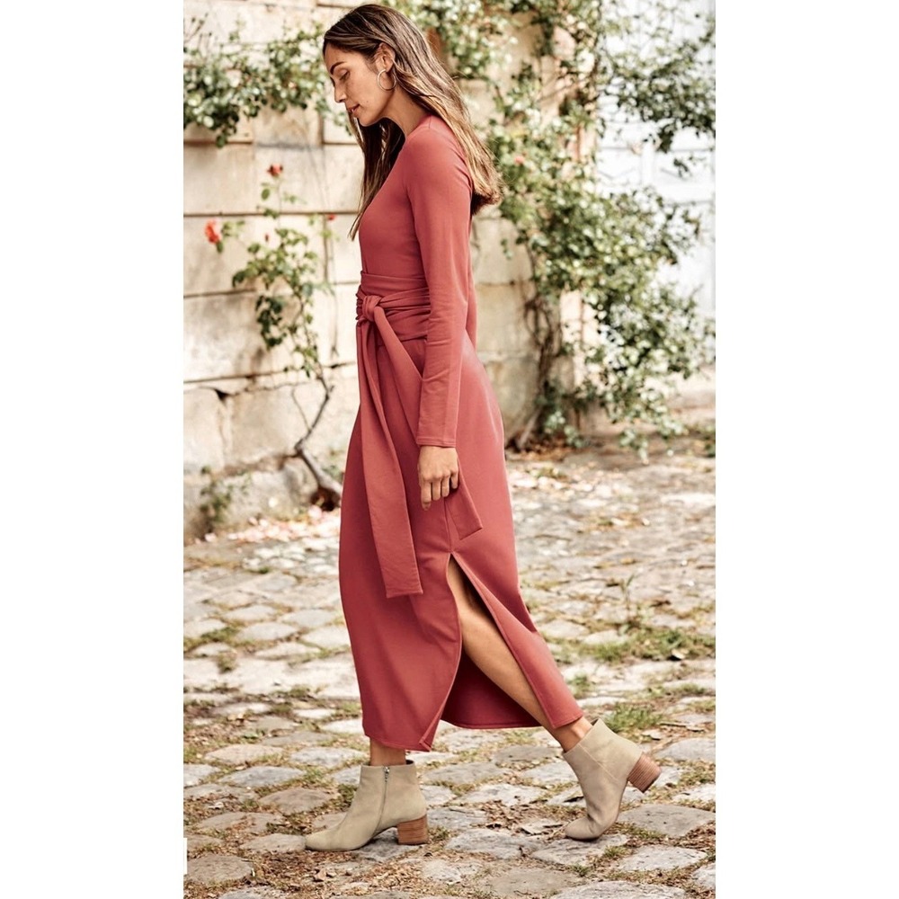 J. Jill Pure Jill Affinity Tie-Waist Belted Maxi Dress Small Rust Red Side‎ Slit